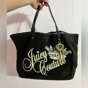 Y2K Vintage Juicy Couture Brown Black Gold terry cloth tote hand bag Mcbling